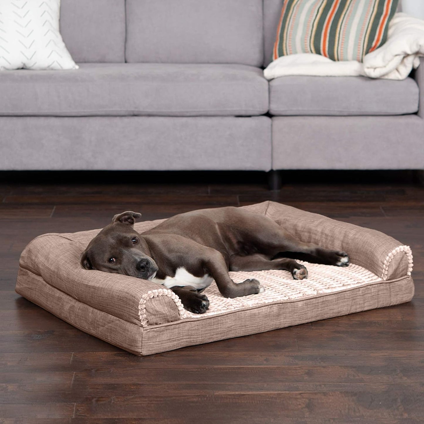 Luxurious Orthopedic Dog Bed with Removable Bolsters & Washable Cover - Perfect for Medium/Large Dogs up to 55 lbs - Soft Faux Fur & Durable Linen in Woodsmoke - Large Size